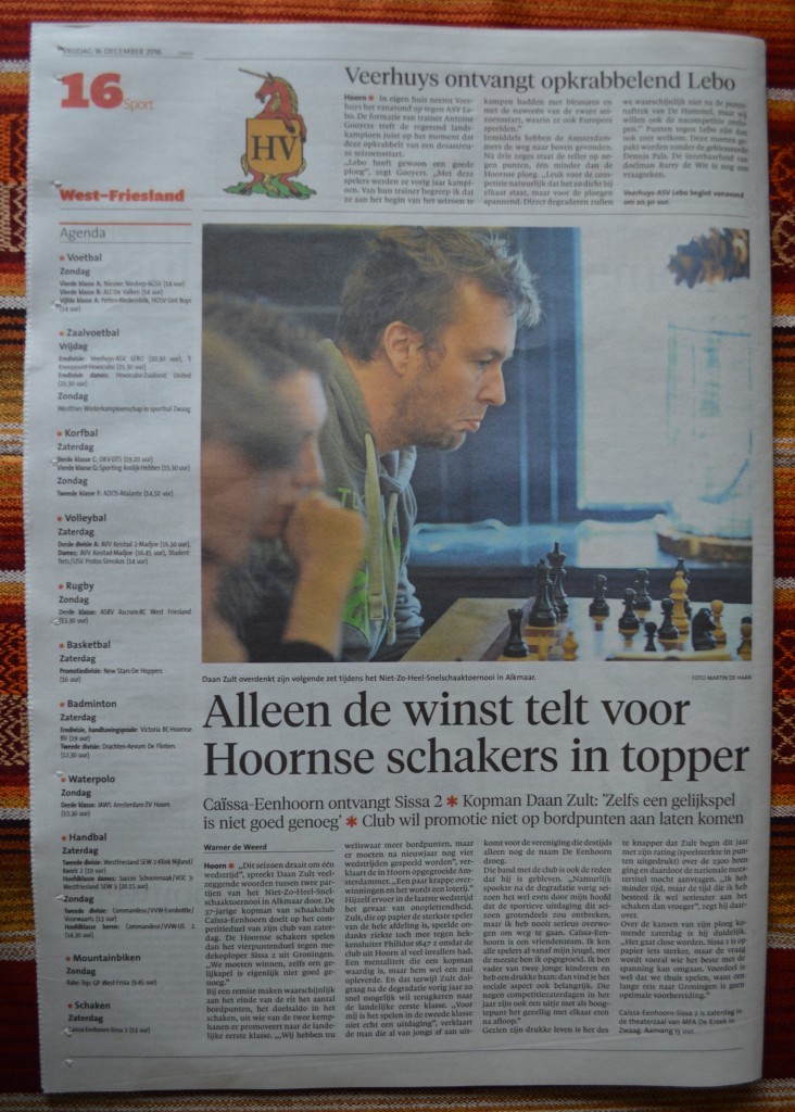 Caïssa-Eenhoorn - SISSA 2 begint al een dag eerder. Media-aandacht in het Dagblad voor West-Friesland van vrijdag 16 december.